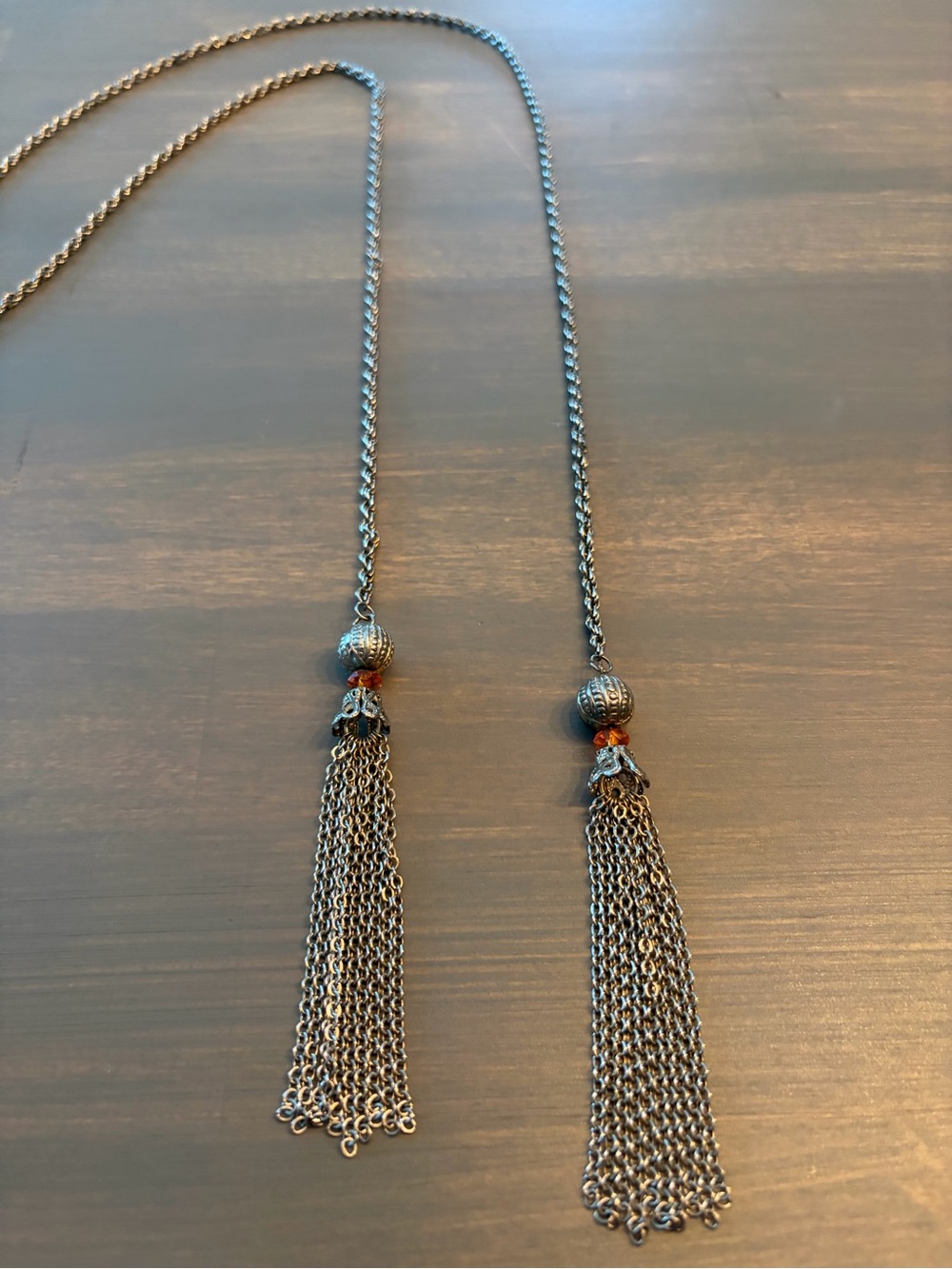 Silver-Tone Double Tassel Necklace with Bead Accents